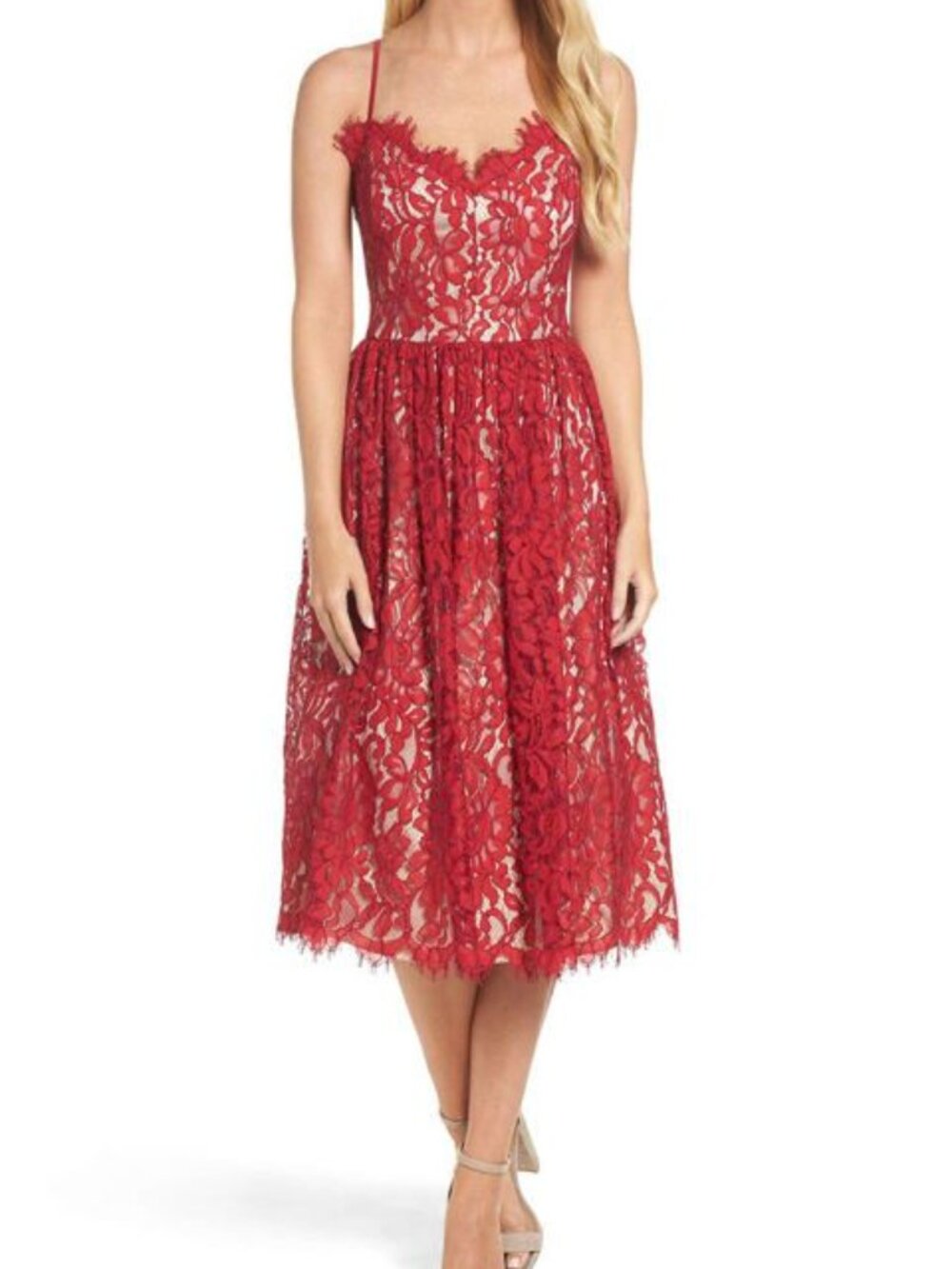 Eliza J Red‎ Gathered Lace Midi Dress - Size 6